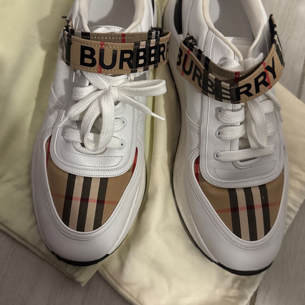 Burberry White and Tan Plaid Sneakers